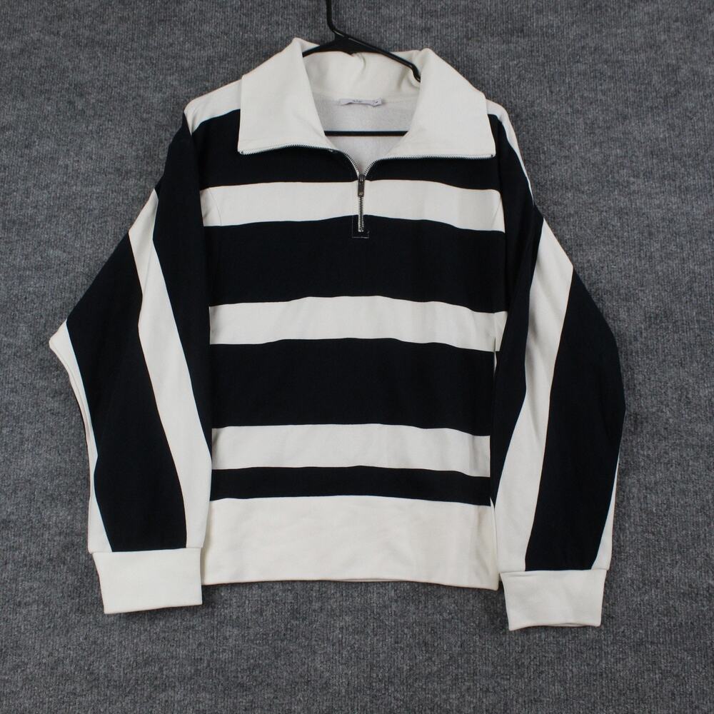 Aday Sweater Medium Stripe Polo Jersey Black White Half Zip Casual Travel Comfy